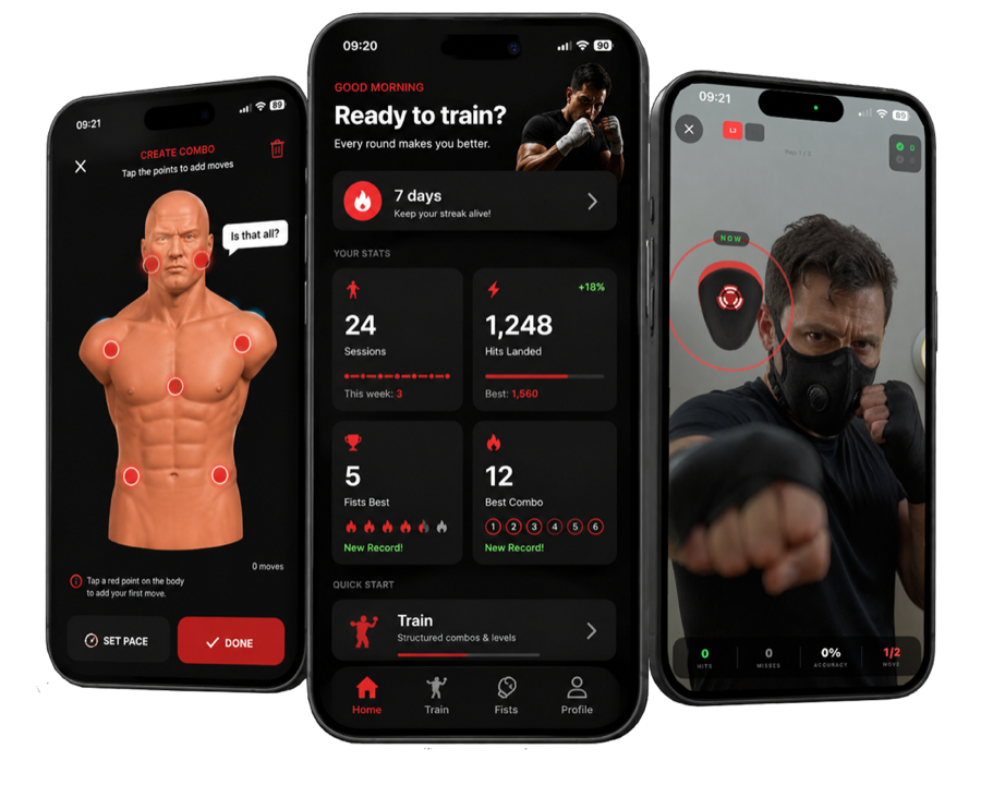 Uppercut app screens: building a custom combo, the home dashboard with streaks and stats, and live camera punch tracking